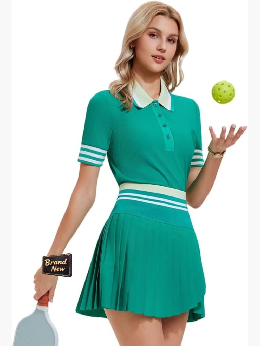 2 Piece Tennis Skirt Set, High Waisted Pleated Skort with Pockets, Polo Top,